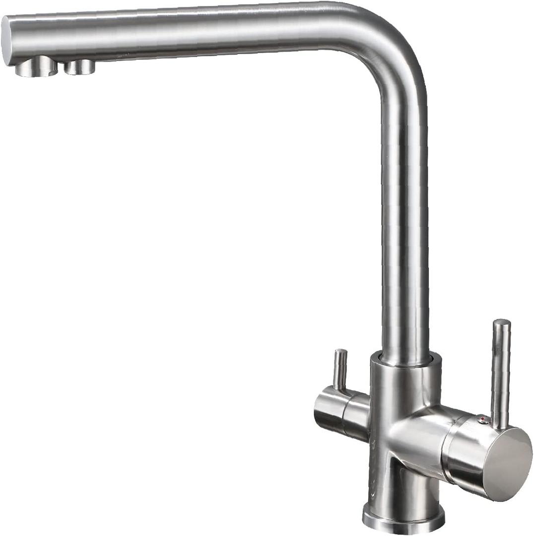 HUAHUALALA Kitchen Sink Faucet with 2 Handle 3 in 1 Water Filter Purifier Swivel Faucets, Brass Drinking Water Faucet Reverse Osmosis Faucet,Brushed Nickel