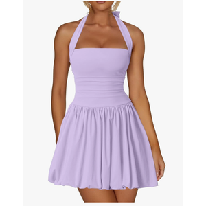 Women's Sexy Halter Corset Mini Dress Bubble Ruched Waist Club Party Dresses with Built-in Shorts Purple, M
