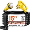 15FT 50 Amp Generator Cord, NEMA 14-50P/SS2-50R Heavy-Duty 4 Conductors Cable, Pure Copper STW RV Extension Cord, Female Plug with Twist Lock, Suitable for RV or Camper, ETL Listed
