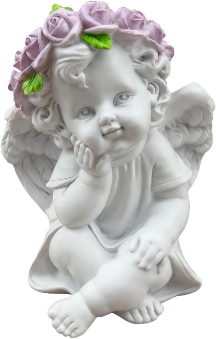 White Angel Garden Statue Figurines Home Decor Rose Crown Cherub Statue Christmas New Year Angels Figurines Decorations Lawn Yard Decor for Patio, Gift for Mom (3.23 * 2.83 * 4.25in)
