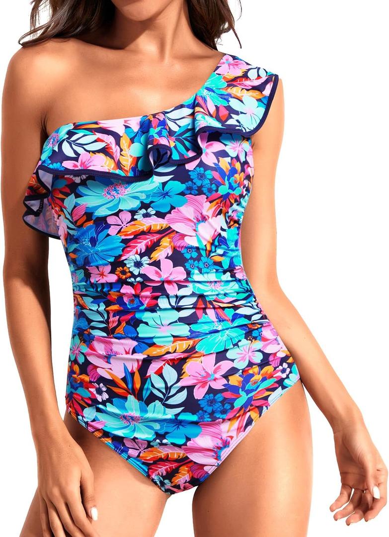 Tempt Me Women One Piece Swimsuits Tummy Control One Shoulder Bathing Suits Ruffle Swimwear (Large, Blue Multicolor)