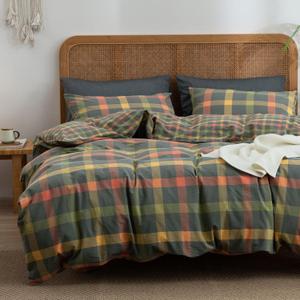 VM VOUGEMARKET Washed Cotton Bedding Set King Colorful Plaid Duvet Cover Set 3 Pieces Orange Grey Green Grid Duvet Cover with Zipper Ties for Men Women-104x90 Inch (King(1 Duvet Cover + 2 Pillow Shams), # Multicolor Plaid)