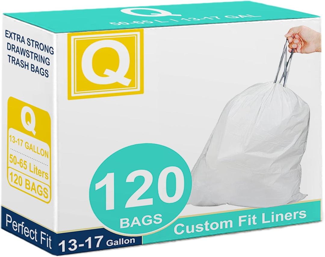 Code Q Custom Fit Liners 120 Count 13-17 Gallon 50-65 Liter Drawstring White Trash Bags Reliable1st Compatible with simpleman Code Q Tear & Leak Resistant Heavy Duty Plastic Garbage Can Liners