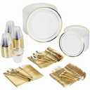 Prestee 600-Piece Disposable Party Dinnerware Set for 100 Guests - Gold Silverware Disposable with Plates, Cups, Knives, Forks, Spoons - Elegant Utensils for Wedding, Reception and Events Supplies