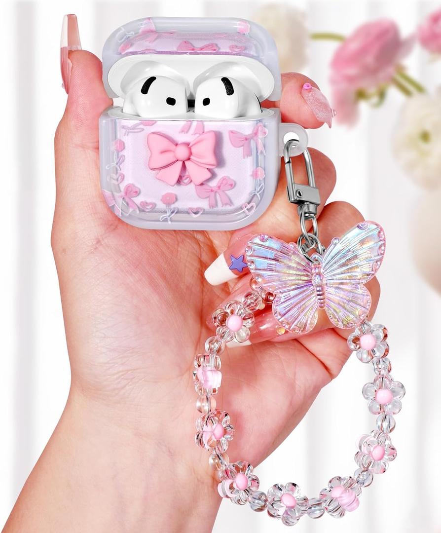 Boaretiu for Airpods 4 Case 2024 - Cute Kawaii for Women Girls with Keychain for AirPods 4th Generation Case Small Pink Bow Design Girlish Girly Stylish Shell Aesthetic Pretty for Air pods 4 Cover