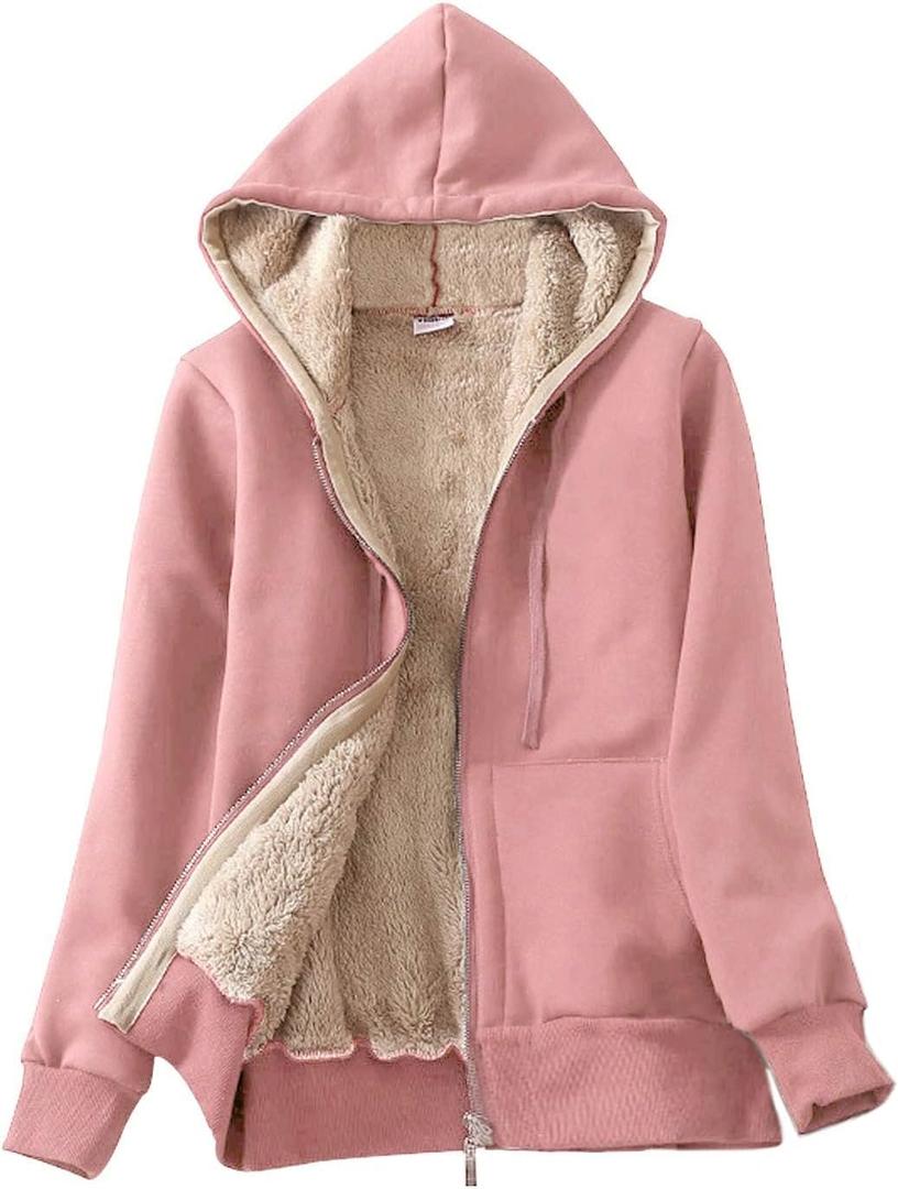 PUWEI Women's Winter Warm Fleece Jackets Thick Sherpa Lined Zip up Hoodies Heavyweight Sweatshirt Coat (Pink) XS
