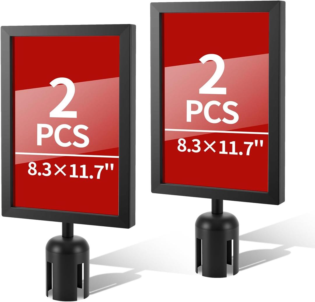 2 Pack Stanchion Sign Holders, Portrait Double Sided Sign Frame with Clear Cover, Fits 8.3 x 11.7 Inch Paper for Crowd Control Sentry Stanchions (Black)