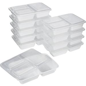 GoodCook Meal Prep Rectangle Three Compartment 20-Piece, White, Made without BPA (10 Sets)