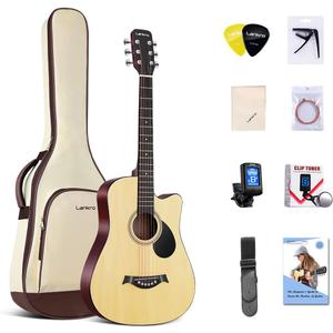 38 in Guitar Acoustic Guitar Beginner kit Adult Cutaway Acoustic Guitar Guitarras Starter Set Bundle with Padded Gig Bag, Strap, Capo, Strings, Picks (natural)