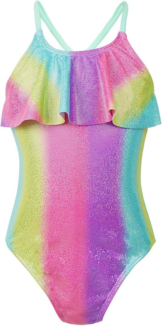 PinkSheep Girls Swimsuit One Piece Bathing Suit, UPF 50+ Quick Dry Stretchy, Rainbow, Size 2T