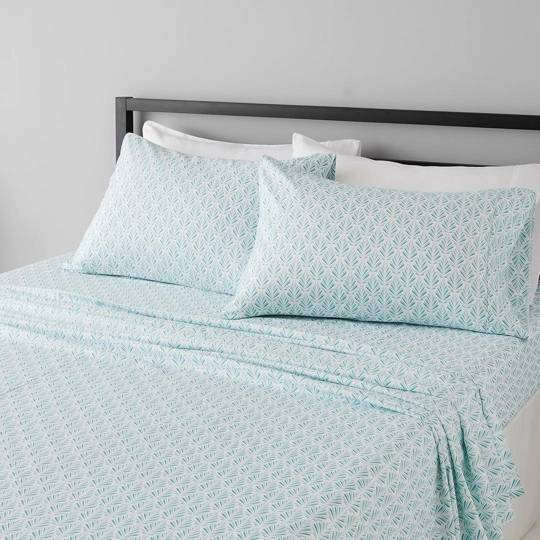 Amazon Basics Lightweight Breathable Brushed Microfiber 4-Piece Bed Sheet Set with 14-Inch Deep Pockets, Wrinkle Resistant, Queen, Aqua Fern, Printed