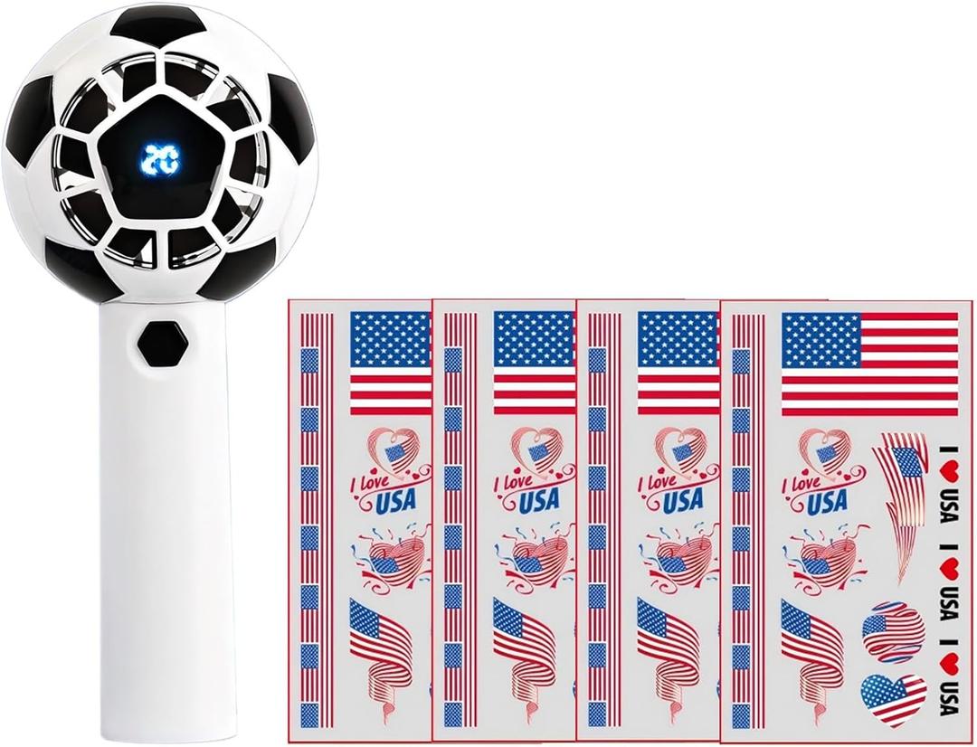 Handheld Mini Fan for World Cup 2026, Soccer Style Mini Fan & Stickers, 5 Speed Handheld Fan with Power Display Flashlight, Football Shaped Holding Fan, American Fan Stickers