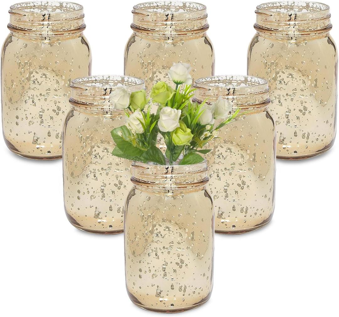 Fun Express Gold Mason Jars 12 Pack - Premium Glass Mason Jar Set for Wedding Centerpieces, Table Decorations & Party Events | Decorative Vintage-Style Vases for Flowers, Home Decor & DIY Projects