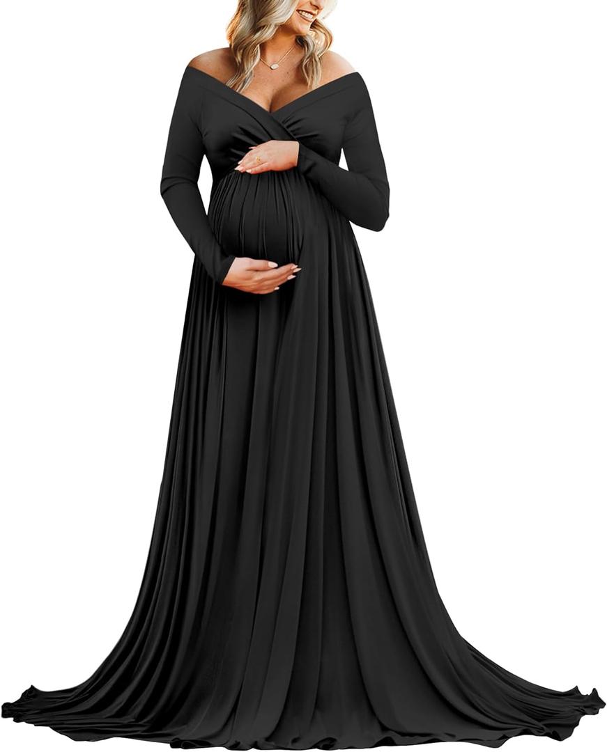 Saslax Maternity Off Shoulders Half Circle Gown for Baby Shower Photo Props Dress (XX-Large, N-black 11)