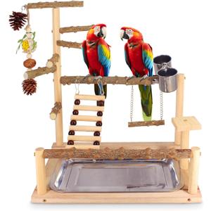 Bird Playground Natural Parrot Toys Perch Stand Cockatiel Swing with Chew Toys Parrot Platform with Feeder Cups Parakeet Playground Bird Cage Play Stand for Conure Parakeet Cockatiel