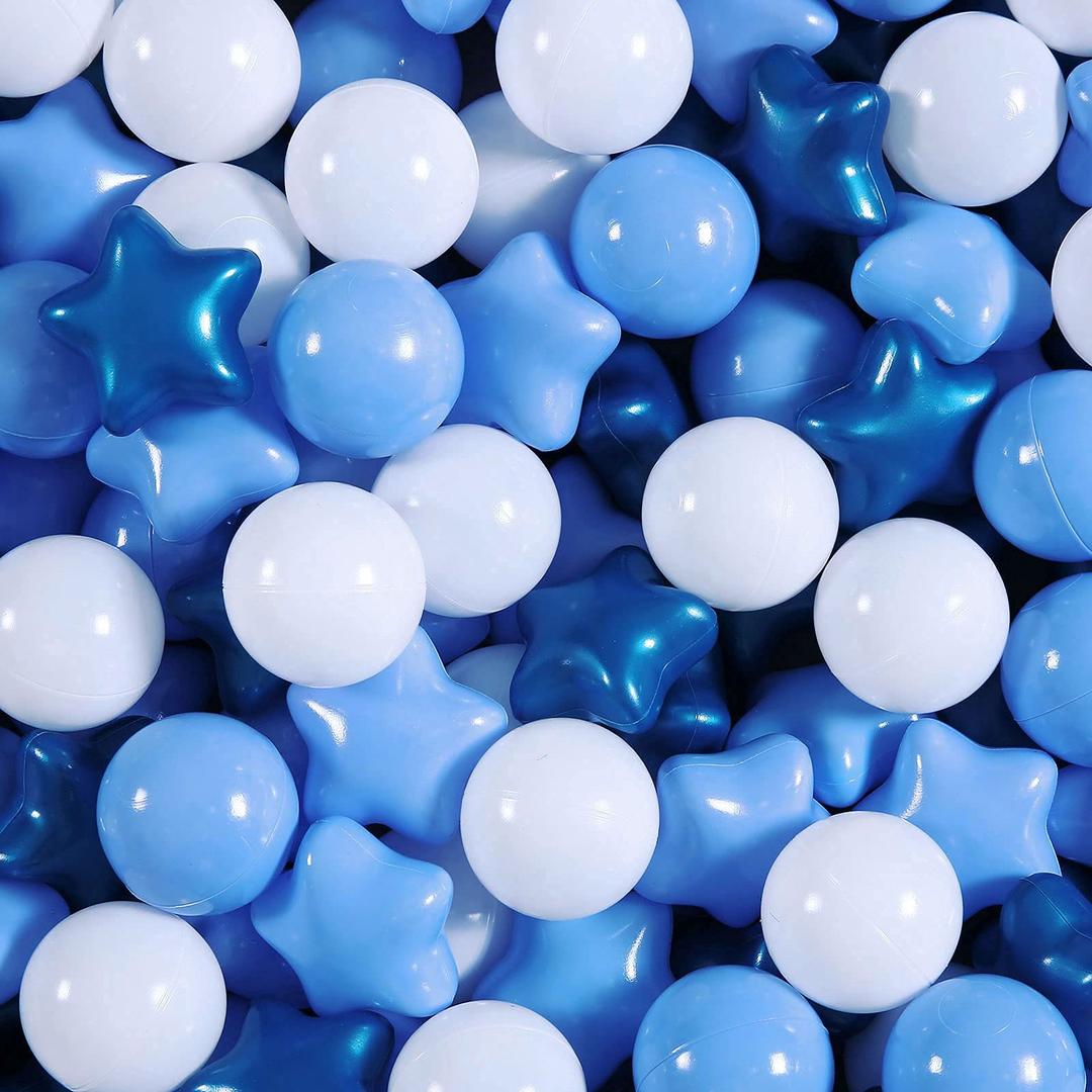 Realhaha Ball Pit Balls 100 PCS, Star Shapes for Babies Kids Playpen Plastic Balls for Babies Ball Pool Puppy Playballs, Pearl Blue Blue White