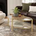 Honyee Oval Glass Coffee Table, 2-Tier Modern Coffee Table with Tempered Glass Shelves, Champagne Gold Metal Frame, Contemporary Center Table for Living Room, 44 x 22 x 15.75 Inch, 39.4" W x 23.7" D x 19.7" H