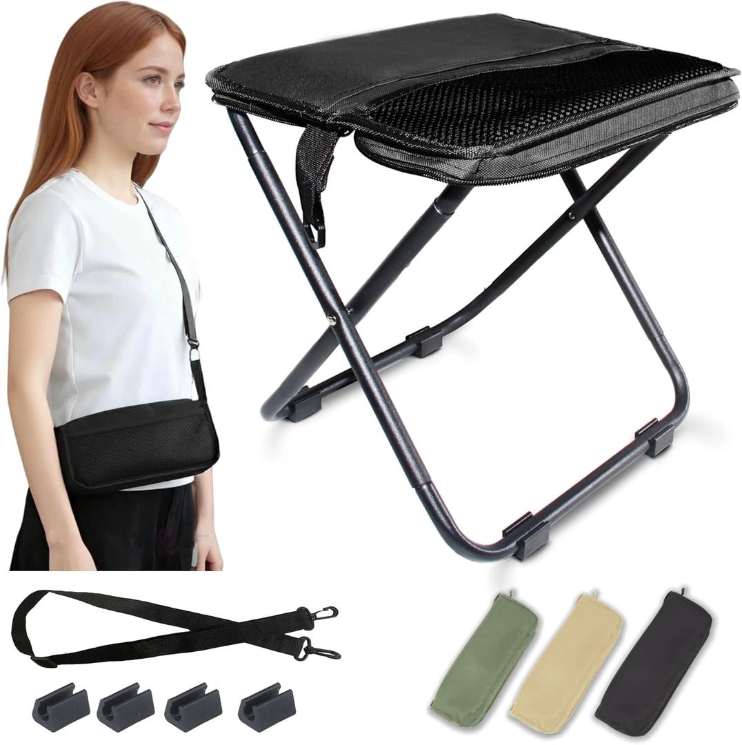 COMELY Camping Stool Portable Chair: All-Terrain Folding Carrying Pocket Stool, 4 Anti-Sink Feet, 270Lbs Capacity & 3s Setup. 5000 Cycle Tested for Rugged Sites, Camping, Fishing, Travel, Black.