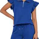 BTFBM Women's 2 Piece Outfits Sweatsuit Zipper V Neck Casual Ruffle Short Sleeve Tops and Drawstring Shorts Lounge Sets (Medium, Royal Blue)