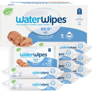WaterWipes Plastic-Free Original-baby Wipes, 99.9% Water Based Wipes, Unscented & Hypoallergenic for Sensitive Skin, 60 Count (Pack of 9) Total 540 wipes, Packaging May Vary