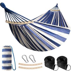 Anyoo Garden Cotton Hammock Comfortable Fabric Hammock with Spreader Bar Sturdy Hammocks Up to 450lbs Portable Lightweight Hammocks with Travel Bag for Camping Outdoor/Indoor Patio Backyard, Blue White