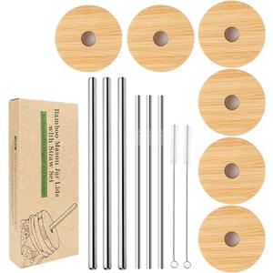 Wide Mouth Mason Jar Lids, CNVOILA Mason Jar Lids With Straw Hole, 6 Pack Bamboo Mason Jar Lid & 3 Stainless Steel Boba Straw & 3 Stainless Steel Thin Straws - 6 Pack