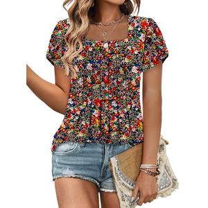 Baby Doll Tops for Women Bohemian Square Neck Petal Short Sleeve Versatile Tshirt Slim Soft Floral Printed Boho Flowy Folds Tunic Blouse S