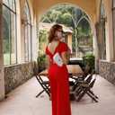 XXTAXN Women's Caual Fashion Crew Neck Short Sleeve Ruched Waist Backless Tie Wide Leg Long Pant One Piece Jumpsuit (Red, L)