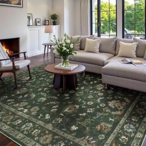 Wonnitar Green 8x10 Rugs for Living Room Floral Rug, Low Pile Vintage Boho Large Rugs, Non Slip Stain Resistant Rugs for Bedroom Dining Room Home Office Department,(Green,8x10) (8' x 10')