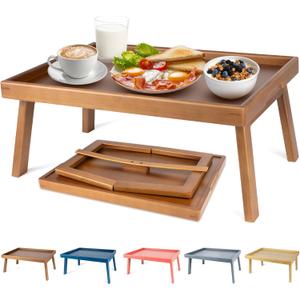 Bamboo Bed Table Tray with Support Bar and Foldable Legs, Breakfast Food Trays Table for Bed Sofa Eating and Laptops, TV Lap Tray Table on Couch (Applied for Invention Patent)