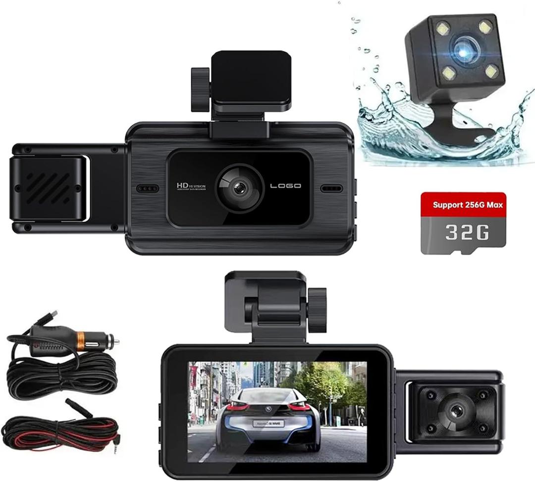 Dash Cam Front and Rear,KATZEIST 1080P Dash Camera for Cars,3 Channel Dash Cam Front and Rear Inside with 32GB Card Loop Recording, Night Vision, HDR, G-Sensor, 24 Hours Record