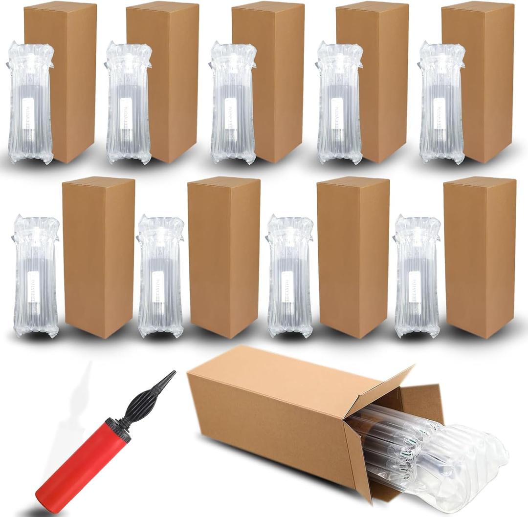 10 Sets Wine Shipping Box,Include 10 Moving Boxes and 10 Wine Bottle Protector Bags with 1 Reusable Air Pump