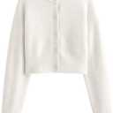 FindThy Womens Cropped Cardigan Sweater Crewneck Solid Color Long Sleeve Button Down Knitted Outerwear Top (White, S)