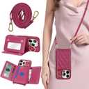 for iPhone 16 Pro Case with Card Holder and Strap for Women,Crossbody Lanyard, Make Up Mirror,Ring Stand,Snap Clasp,Cute Phone Wallet Cases 6.3 inch - Rose red