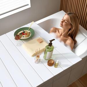 Bathtub Tray, Foldable Anti-dust Bathtub Cover Bath Insulation Cover, PVC Shutter Bath Lid Fit Most Tubs, Can Store Wine Glass, Books, Tablets, Cellphones (White, 150700.6CM)