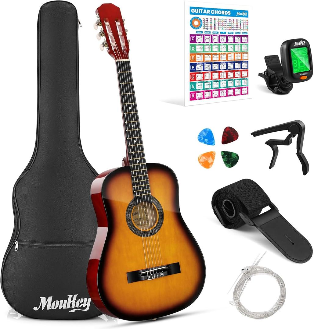 Moukey 38" Acoustic Guitar for Beginners Kids Youth Adult Dreadnought Guitarra Acustica Kit with Chord Poster, Gig Bag, Tuner, Picks, Nylon Strings, Capo, Strap - Sunburst (38 Inch, Sunburst)
