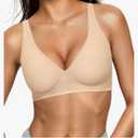 OEAK Womens Deep V Bras Wireless Comfortable Bra Supportive No Underwire Bras Tshirt Push Up Bralettes Plunge Seamless Bra Medium Beige