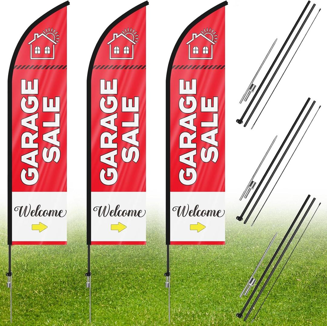 Preboun 3 Sets Garage Sale Signs Feather Flags Pole Kit with Flagpoles Ground Stakes and Storage Bags Yard Advertising Banner for Outside Business Sign Event