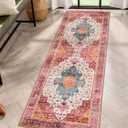Moynesa Ultra-Thin Washable Runner Rug - Pink 2x5 Bathroom Rug Low Pile Hallway Rug Runner, Non Slip Pet Friendly Indoor Floor Carpet Runner for Kitchen Living Room Bedside Laundry Room (2' x 5', Pink/Teal/Multi)