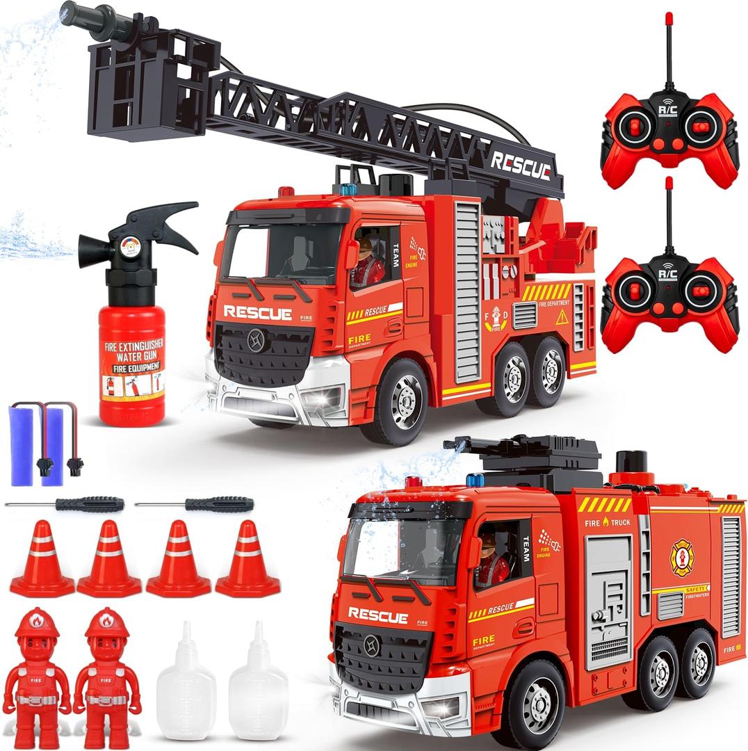 Remote Control Fire Truck, RC Fire Truck Toy Set, 2 Firetruck with Fire Extinguisher, 2 Dolls, 4 Traffic Cones, Lights, Sounds, Extendable Rescue Ladder, Firetruck Toy for Boys Kids