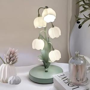 Green Flower Lamp for Home, Bedside Vintage Table Lamps, 5 Lily of The Valley Reading Lights,3 Colors Modes Kawaii Bedside Lamp Decor, with G4 Bulb Nightstand Light for Living Room Office Bedroom