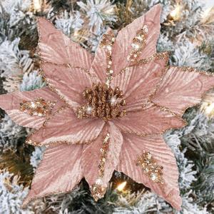 RICHMYC Large Artificial Christmas Flowers 9.8in Glitter Poinsettia Flowers 6pcs Christmas Decoration Christmas Tree Ornaments Xmas Wreath Garland Decoration, Pink