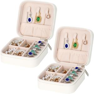 LETURE PU Leather Small Jewelry Box, Travel Portable Jewelry Case for Ring, Pendant, Earring, Necklace, Bracelet Organizer Storage Holder Boxes (WHITE-2PCS)
