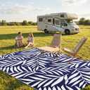Smiry Outdoor Rug 5x8 ft, Waterproof Reversible Plastic Straw Rugs, Outdoor Area Rug with Leaf Pattern, Outside Floor Mat for Patio, Backyard, Deck, Picnic, Beach, Camping, Navy & White