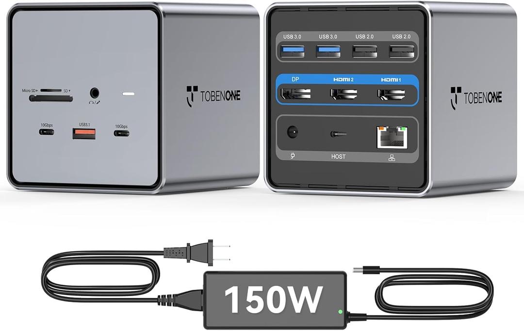 TobenONE USB C Docking Station Dual/Triple Monitors with 150W Power Adapter for Dell/HP/Lenovo/Surface/Asus/Chromebook, 2 HDMI, DP, 5 USB, Ethernet, SD 4.0/Micro SD (Gray)