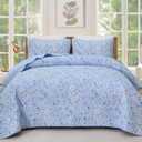 WONGS BEDDING Botanical King Quilt Bedding Set, Soft Blue Bedspread | Floral Printed, Polyester Coverlet, Breathable All-Season, Fits King 110"x90", Perfect for Bedroom Guest Room Home Decor