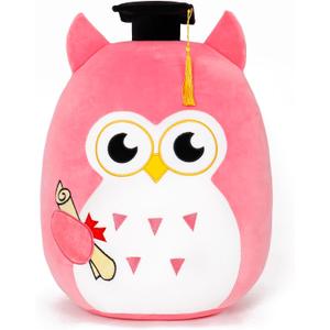 Our Honor Plush Soft Owl Stuffed Animal with Pink Body and Ears, Black Graduation Cap, Fringe and Diploma, Cute Pillow Toy Graduation Gift for Her, Kids