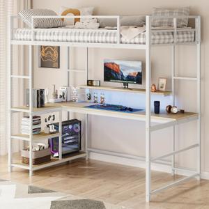 Tatub Twin Loft Bed with Large L Shape Desk and LED Lights, Metal Loft Bed Frame with Ladder, Storage Shelves and Adjustable Monitor Stand, Space-Saving Bed for Teens, Kids, Adults