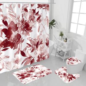 4 Pcs Burgundy Watercolor Floral Shower Curtain Sets with Rug, Toilet Lid Cover and Bath Mat, Botanical Flower Shower Curtain for Purple Bathroom Decor, White Fabric Waterproof Bathroom Set
