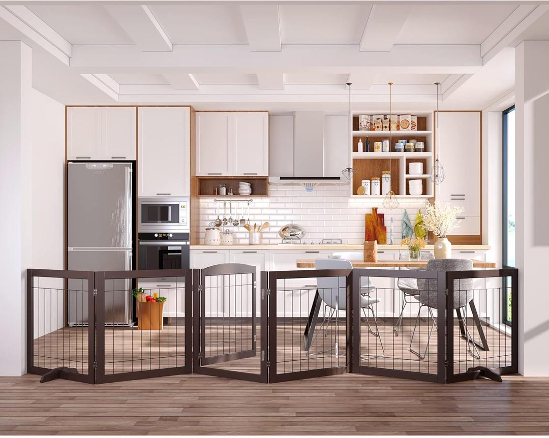 Vantas Folding Pet Gate 144" Wide, 30" Tall No-Assembly Wooden Dog Gate with Door Walk Through, Freestanding Wire Pet Gate, Pet Puppy Safety Fence, with 2PCS Support  Espresso